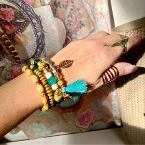 Elephant/leaf/fringe boho beaded multilayered bracelet w Gypsy hippy vibe